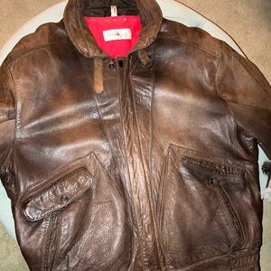 A Philippe Monet Brown Leather Bomber Jacket Size Large